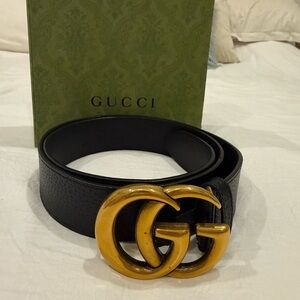 Gucci Black Leather Belt with Large Gold Buckle